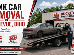 Totaled car on private property in Ohio awaiting salvage pickup